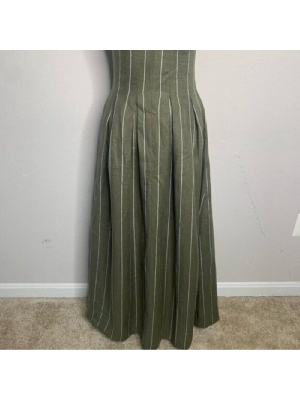 NWT NICHOLAS Selene Seamed Cami Linen Olive & White Striped Maxi Dress - Picture 10 of 17